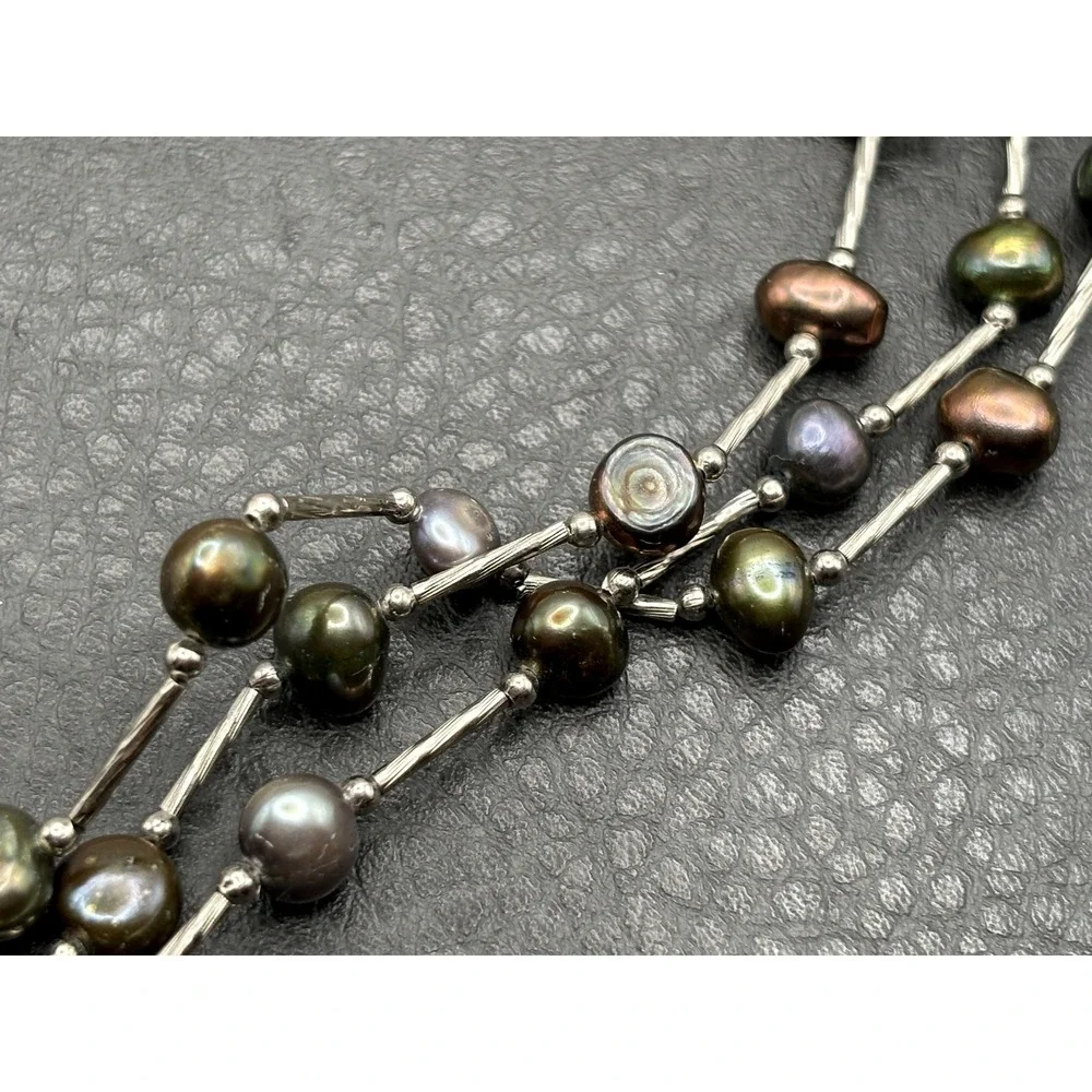 Iridescent Multi-Strand Pearl Bead Necklace 7mm Freshwater Silver Tone 17